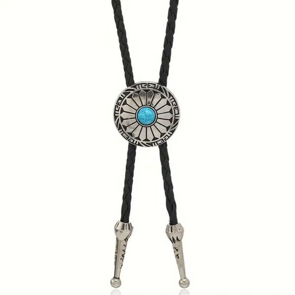 Turquoise Stone Small Round Concho Bolo Tie Mens Casual Western Cowboy Accessory - Picture 1 of 6